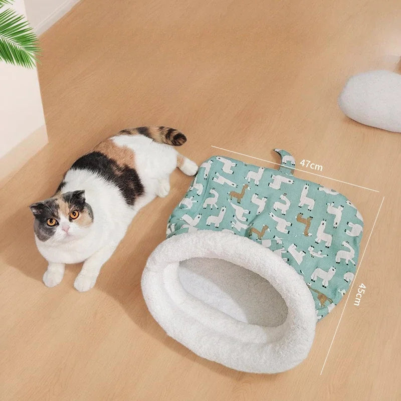 Winter Warm Pet Sleeping Bag Lamb Wool Warm Kitten Nest Drilling Hole Bedding Semi Closed Small Dog Kennel for Both Dogs Cats