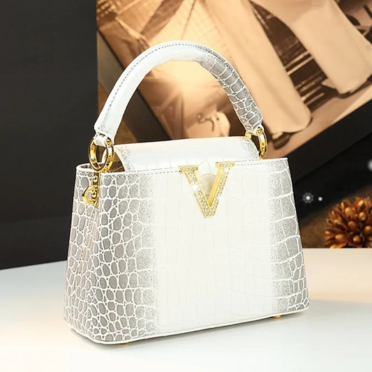 Crocodile Pattern Leather Women Handbags Diamonds V Letter Small Shoulder Messenger Bag 2025 New Portable Crossbody Shell Bags