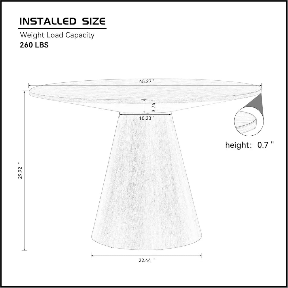 Round Dining Table for 4 to 6, 45.27" Modern Wood Kitchen Table Mid Century Circular Tabletop Conical Base Restaurant Furniture