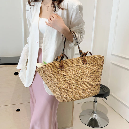 Women Woven Tote Bag Fashion Shoulder Bag Large Capacity Simple Woven Handbag Tote Clutch Bags Chic Hobo Bag for Party Vacation