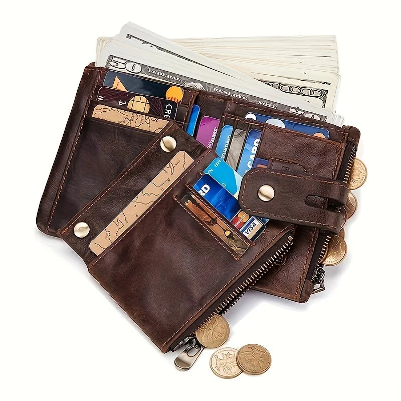 Chain Wallets for Men, Genuine Leather RFID Blocking Card Holder, Bifold Wallet With Double Zipper Coin Pocket