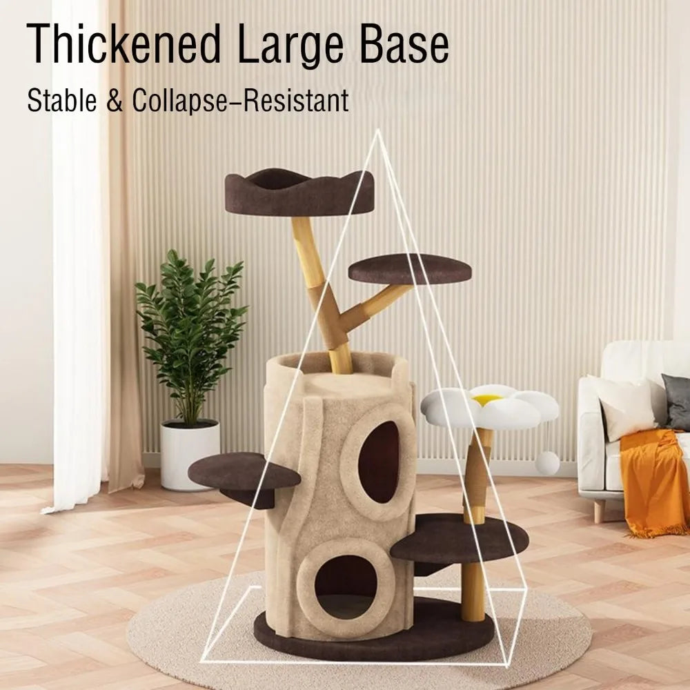 All-Season Multi-Level Solid Wood Cat Climbing Tree with Space Capsule Condo - Space-Saving Home Natural Trunk Design