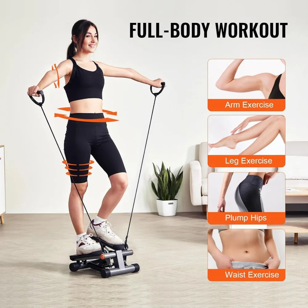 Home Fitness Mini Stepper with Hydraulic Resistance and Resistance Bands for Full-Body Cardio Workout