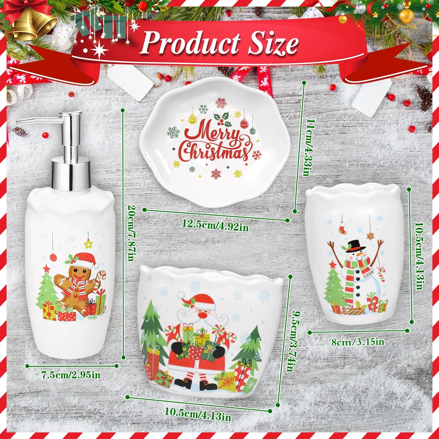 4-Piece Ceramic Christmas Bathroom Accessory W/ Tumbler/Toothbrush Holder/Soap Dish/Dispenser Christmas Toothbrush Holder Set