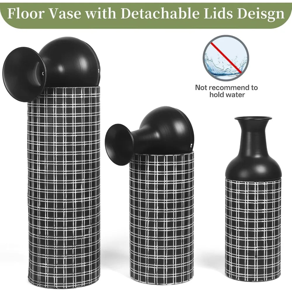 Tall Floor Vase Set of 3, Large Black Metal Vase with Minimalist White Lines & Detachable Vases Mouth, Big Modern Decorative Vas