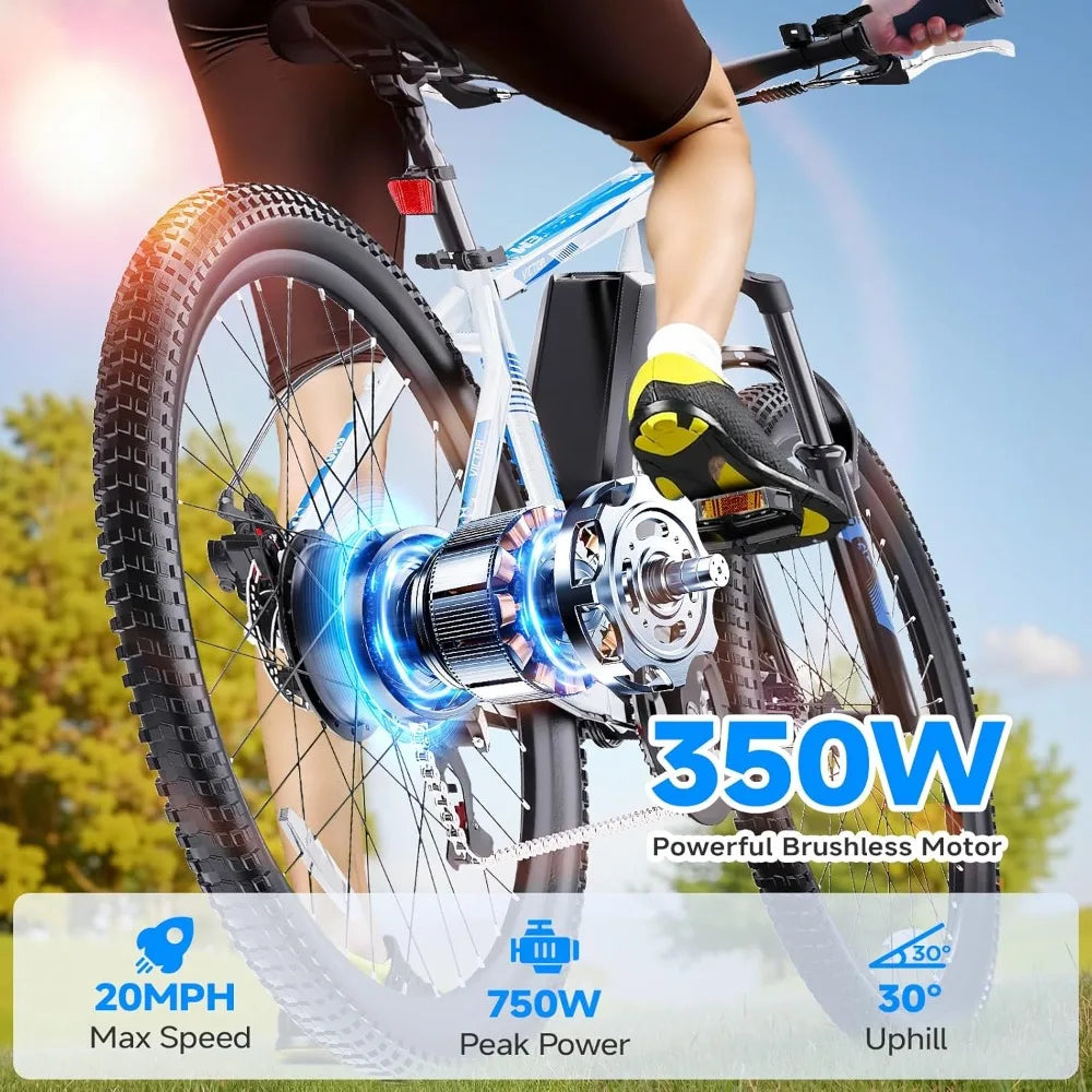 Electric Bike for Adults, 750W Peak 26" Ebike for Men Women Teens with 375WH, 21 Speed, 20Mph, Up to 40Miles Front Suspension