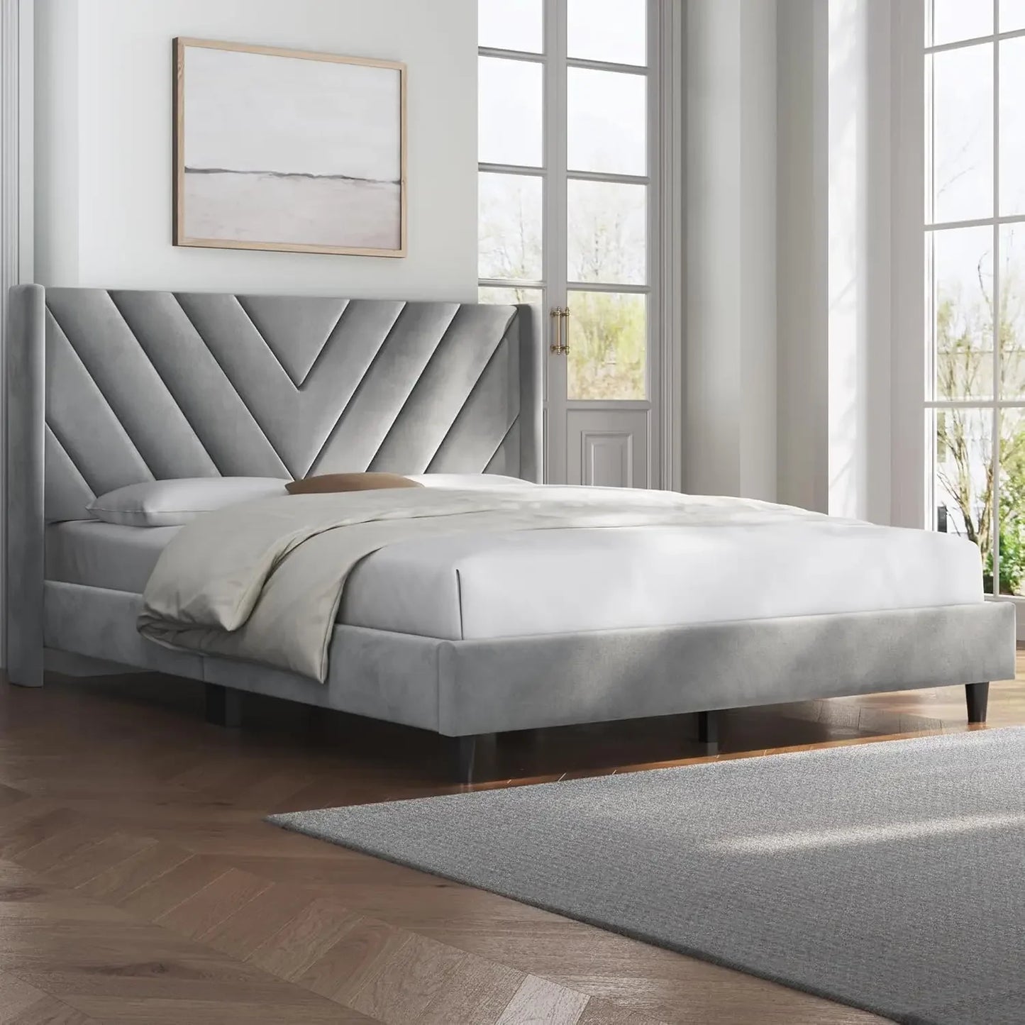 Bed with Wing Side/Wooden Slat Support/Tufted Headboard with Wing Side/Mattress Foundation,Light Gray Queen Bed