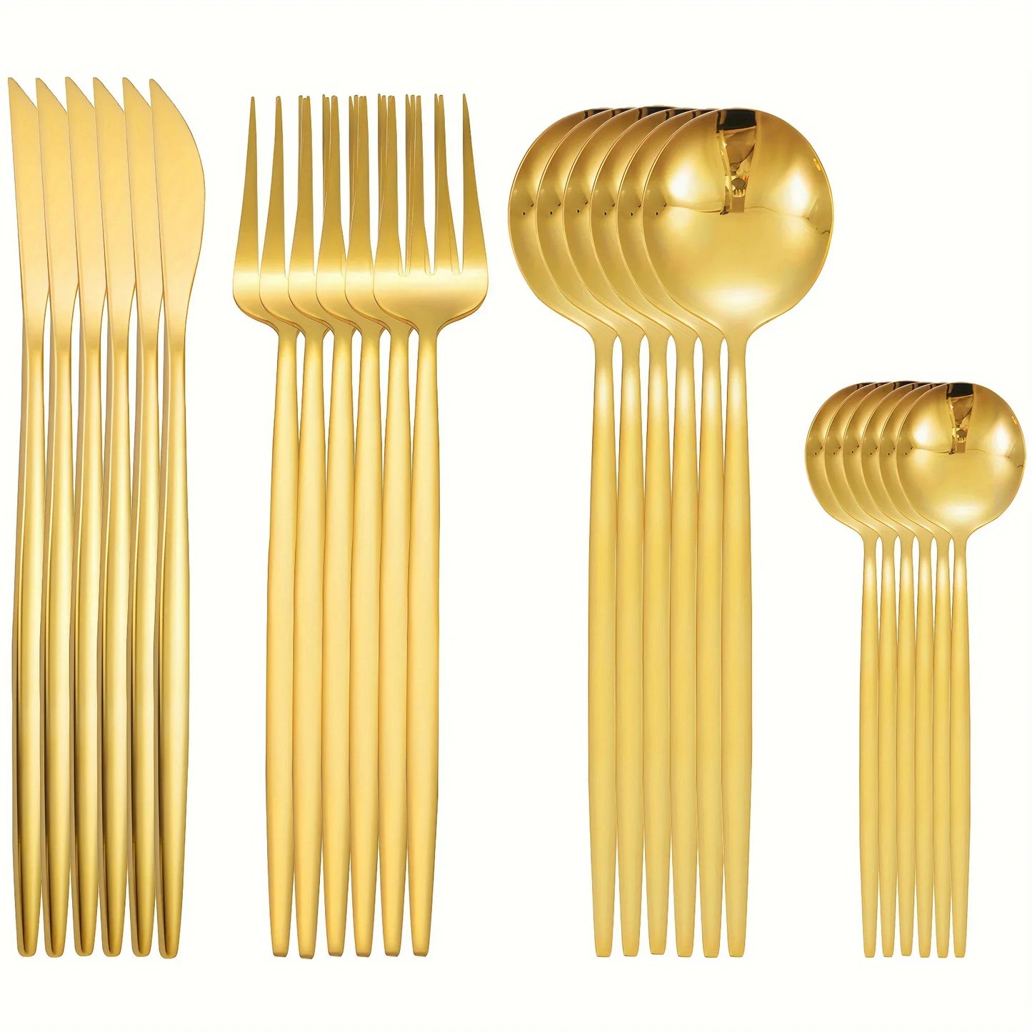 24Pcs Stainless Steel Golden Cutlery, Silverware Set Mirror Flatware Western Cutlery Set Dinning Kitchen Dinning Tableware