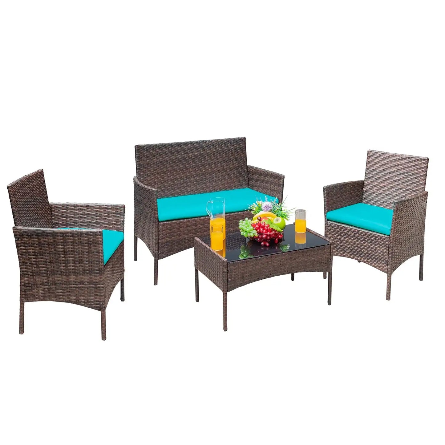 4 Pieces Patio Furniture Set Rattan Outside Furniture Wicker Sofa Garden Conversation Sets with Soft Cushion and Glass Table for