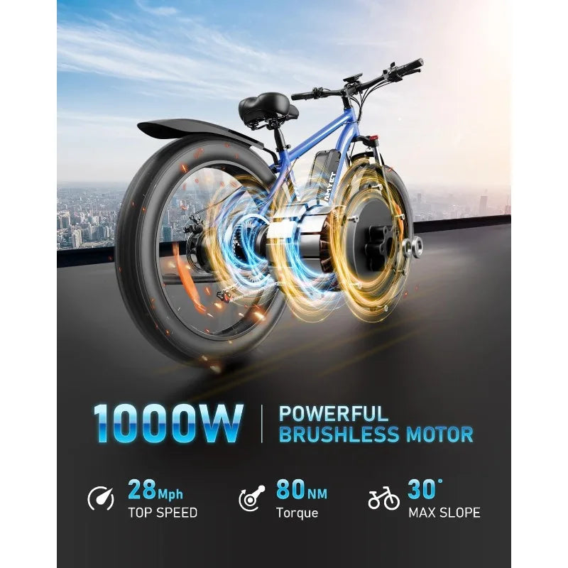 Bike for Adults Peak 1500W Electric Bicycle 48V 15AH (720WH) Battery Electric Bike 26" Fat Tire Mountain 28mph 7 S