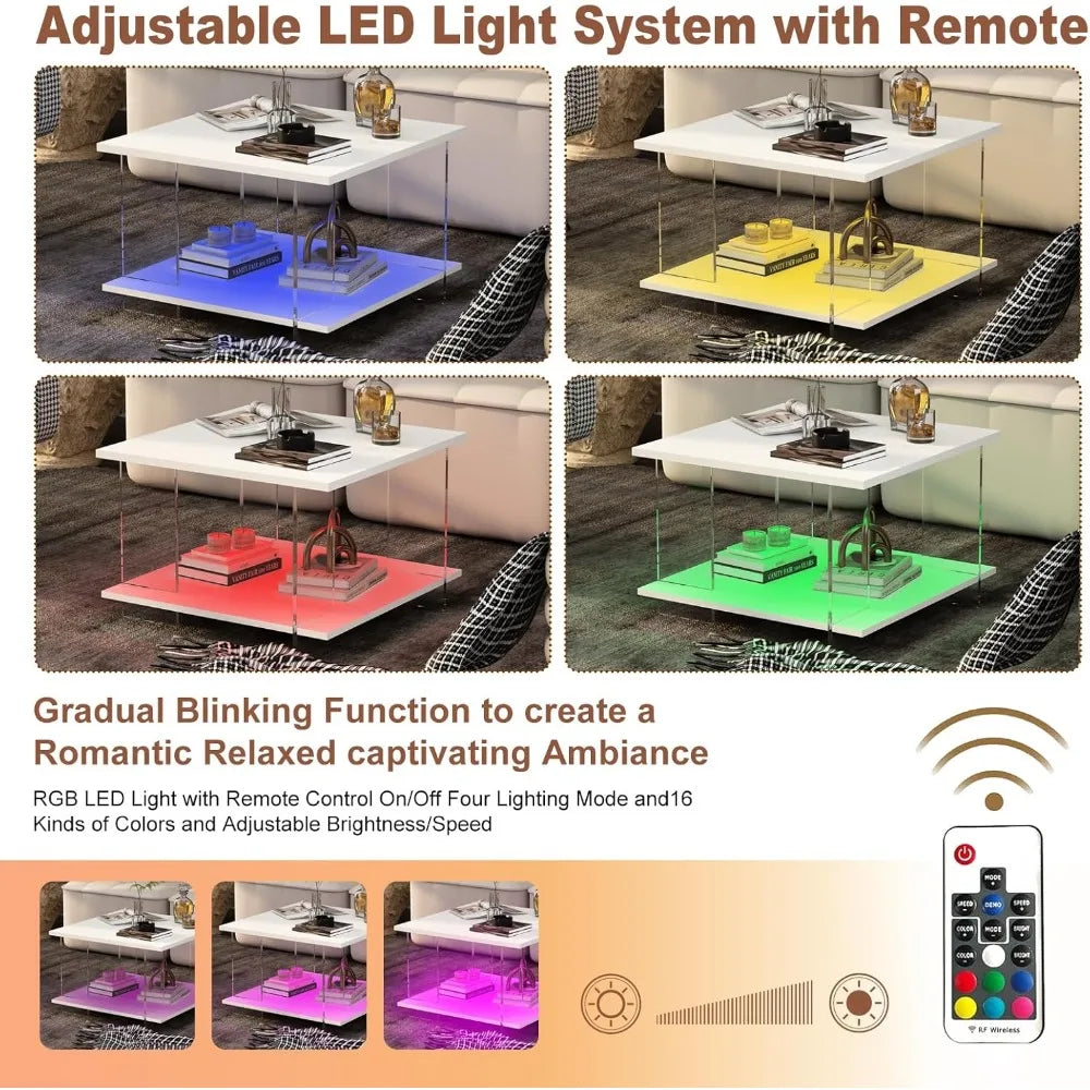 24" Acrylic Coffee Table with White Wood Tabletop, Minimalist Stylish Modern Square Center Table for Living Room,Led Living Room