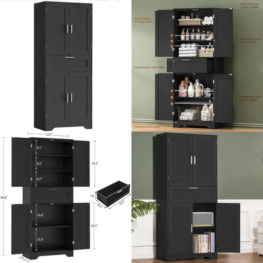 Adjustable Shelf Tall Storage Cabinet, Black Drawer Cabinet, Dining Room Bathroom Storage Solutions
