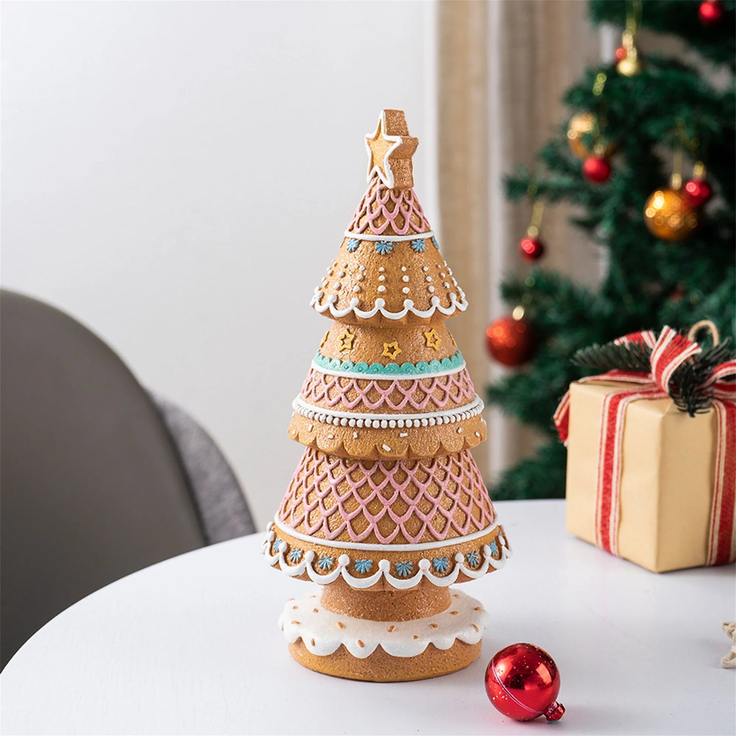 Resin Christmas Tree Figurine with Gingerbread House Design for Festive Home Decor - Small Desktop Holiday Decoration