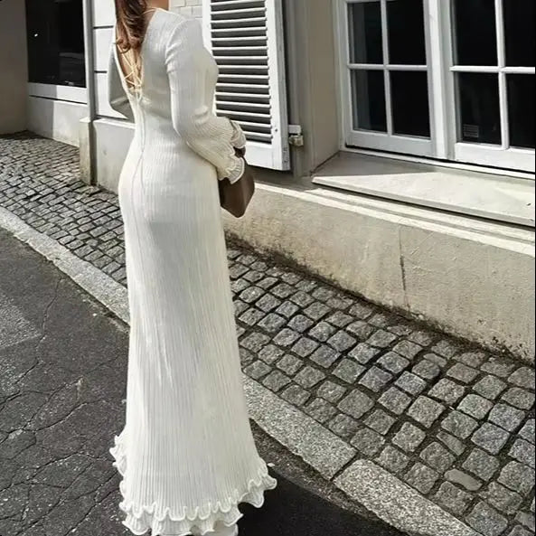 Ruffles Pleated Loose Long Dress Women Autumn Winter Fashion White O Neck Flare Elegant Party Dresses Female Streetwear Outfits