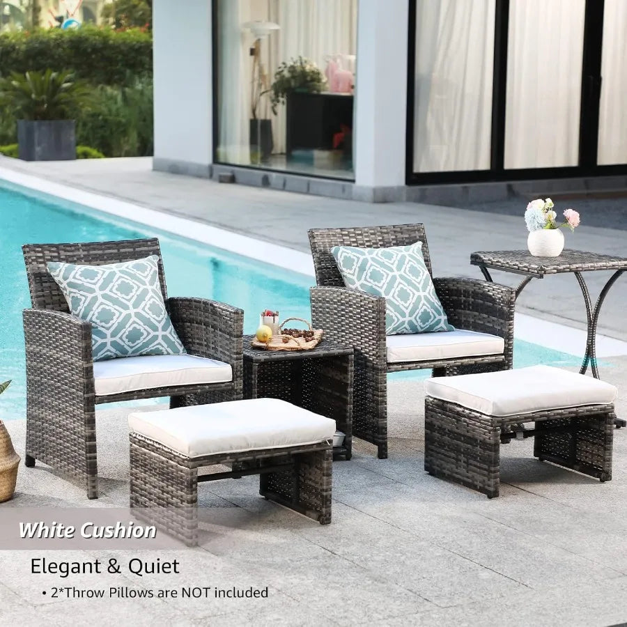 6 Piece Patio Furniture Conversation Set with Ottoman Outdoor Grey Wicker Chair and Table Set Ideal for Balcony Spaces in Apart
