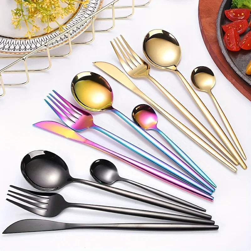 24Pcs Stainless Steel Golden Cutlery, Silverware Set Mirror Flatware Western Cutlery Set Dinning Kitchen Dinning Tableware