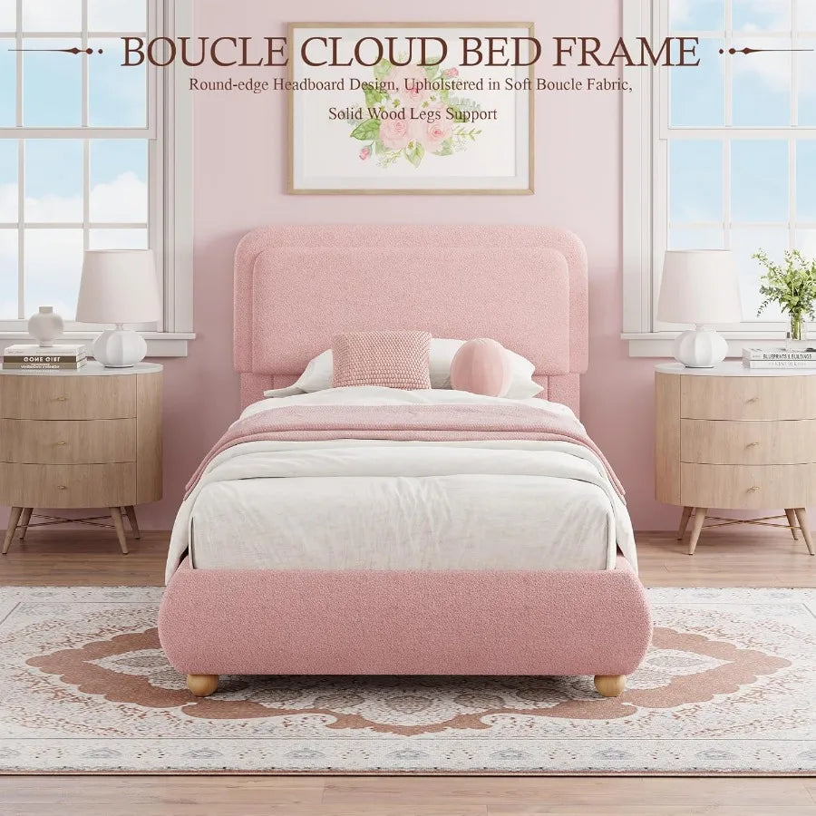 Pink Boucle Cloud Bed Frame with Soft Round Corner Headboard Twin Boho Cute Upholstered Beds with Fluffy Thickened Footboard So