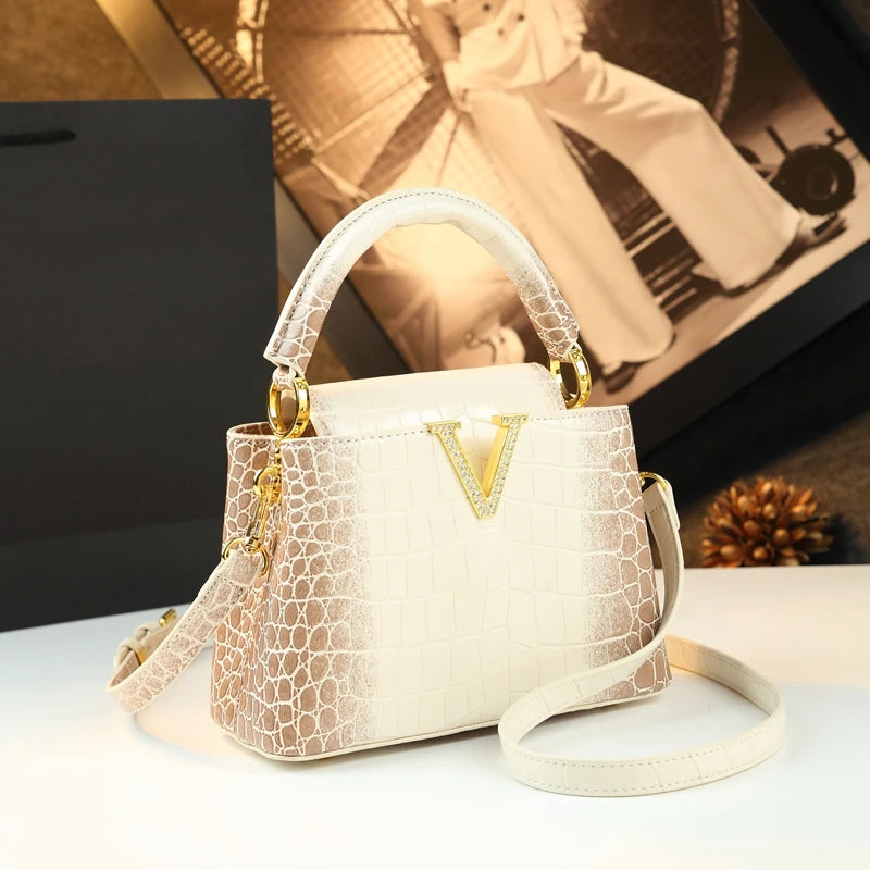 Crocodile Pattern Leather Women Handbags Diamonds V Letter Small Shoulder Messenger Bag 2025 New Portable Crossbody Shell Bags