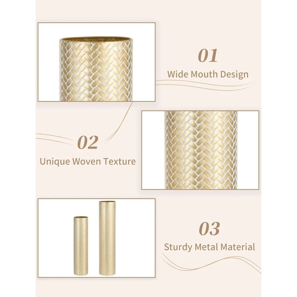 Extra Large Decorative Metal Cylinder Vases Set of 2 Tall Gold Woven Texture Floor Standing Vases - 27.6/21.7 inches Vin