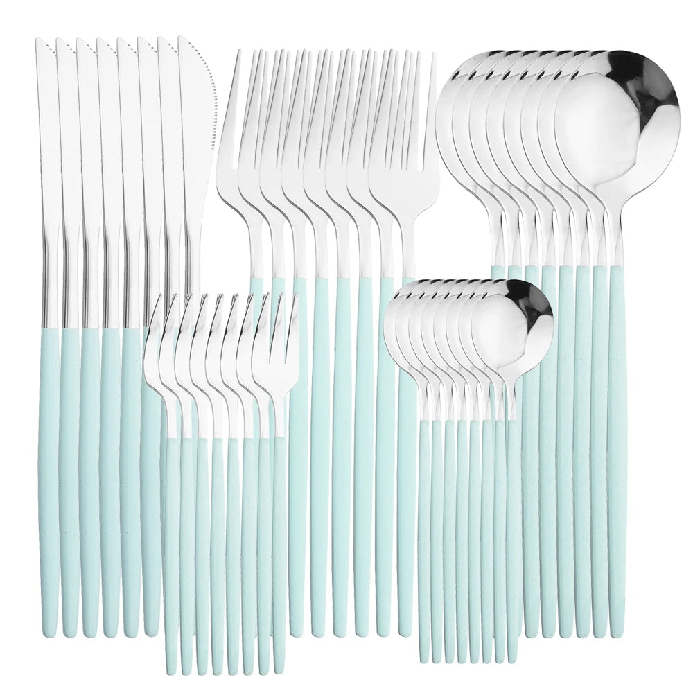 40Pcs Silver Tableware Set Stainless Steel Cutlery Western Dinner Knife Fork Spoon Dinnerware Teaspoons Fruit Cake Fork Kitchen