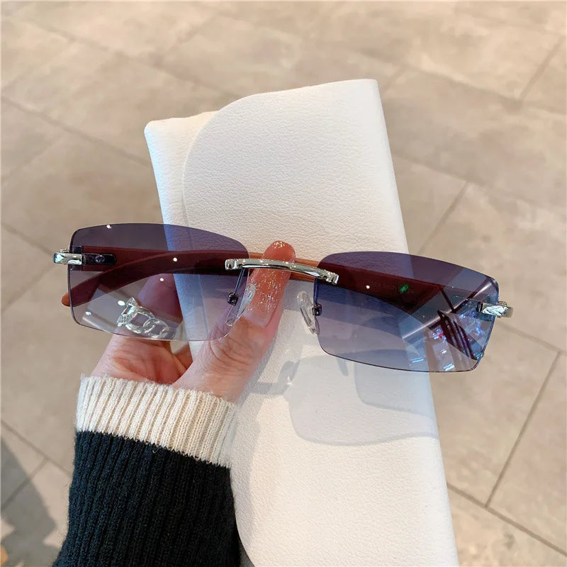 Fashion Sunglasses Men's And Women's Frameless Imitation Wood Grain Mirror Leg Sunglasses