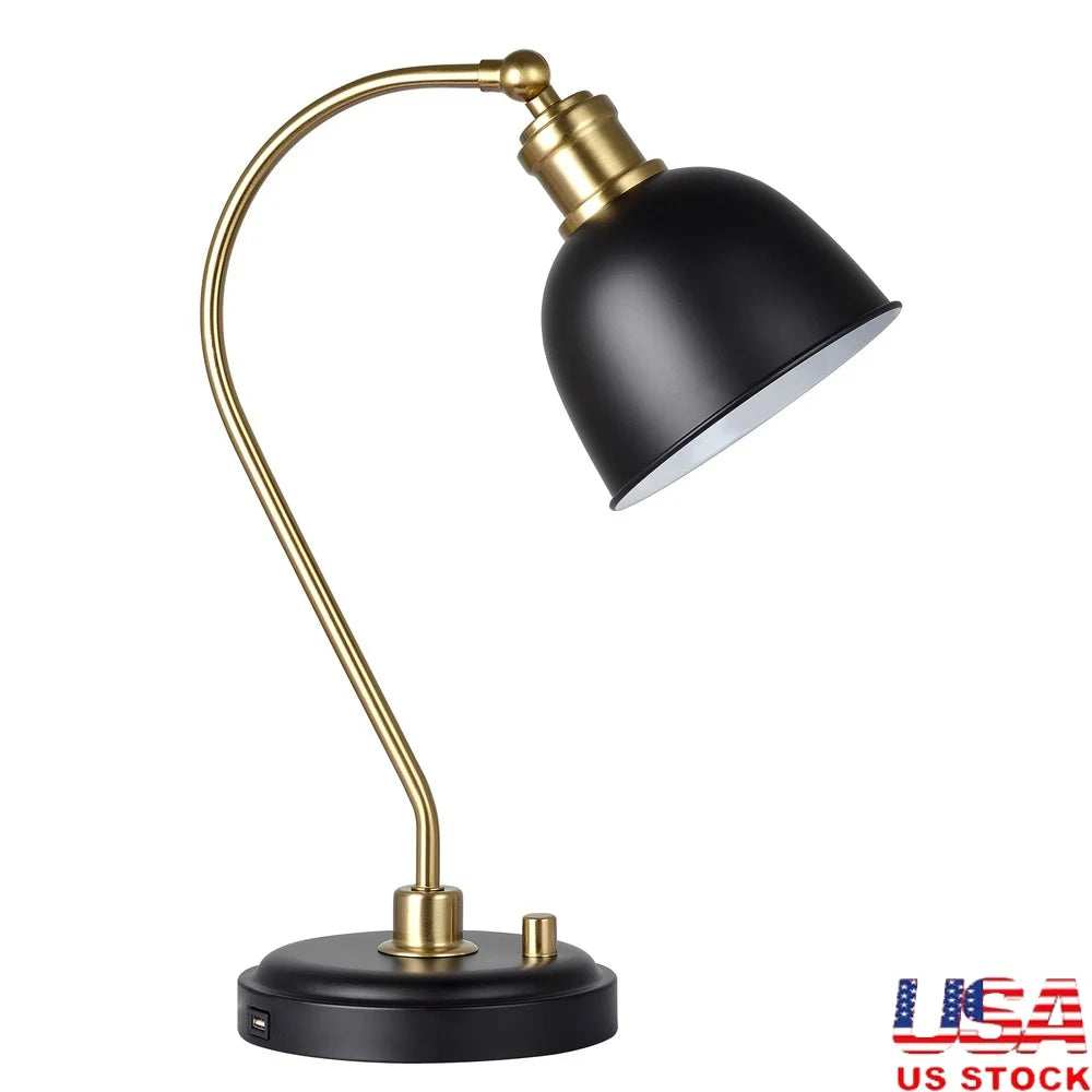 Modern 18 Inch Black Gold Desk Lamp Adjustable Head USB Charging Port Ideal Bedroom Living Room Home Office