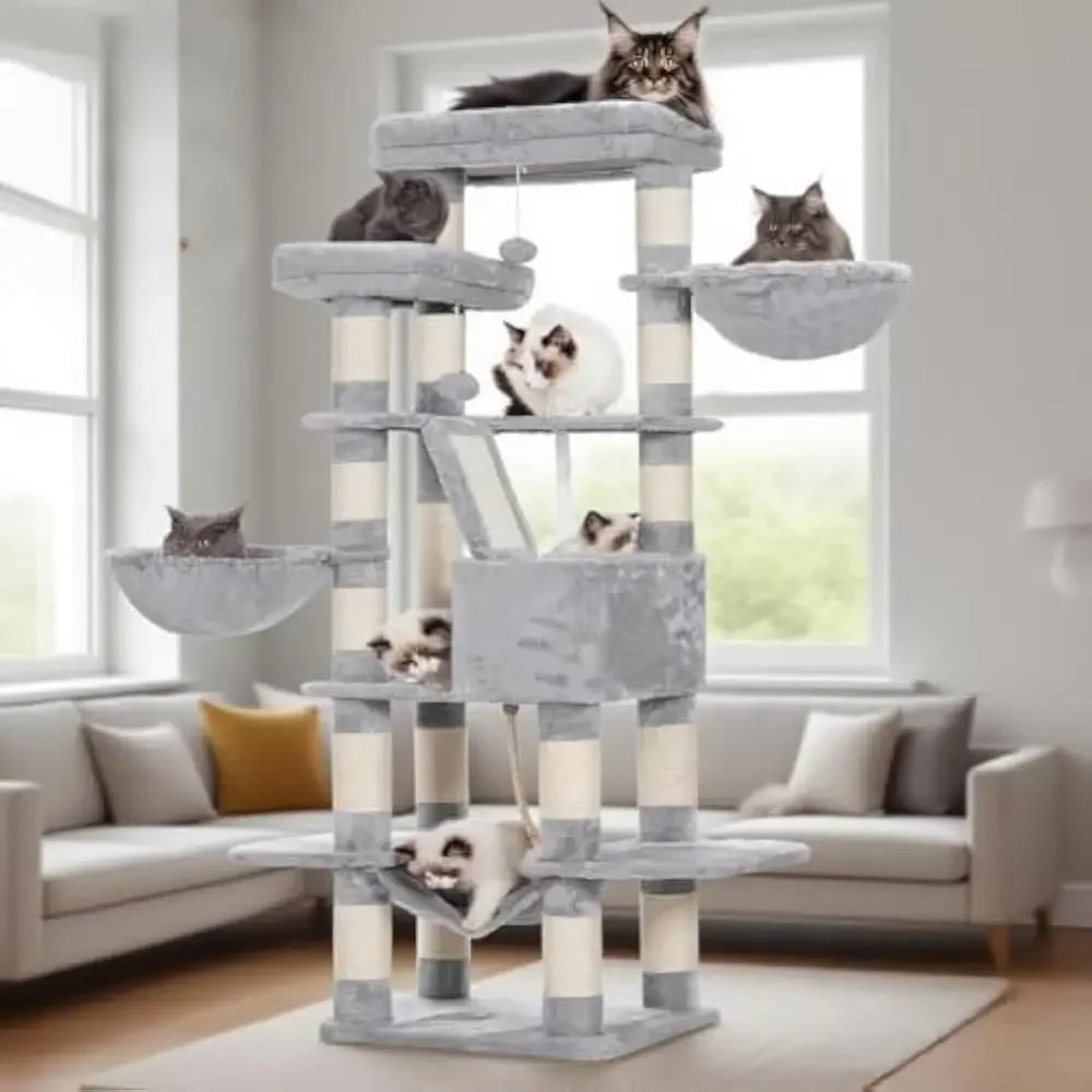 Cat Tree, 68 inch Multi-Level Cat Tower for Indoor Cats, 2 Widened Plush Perches Cat Condo with Scratching Board and Big Caves