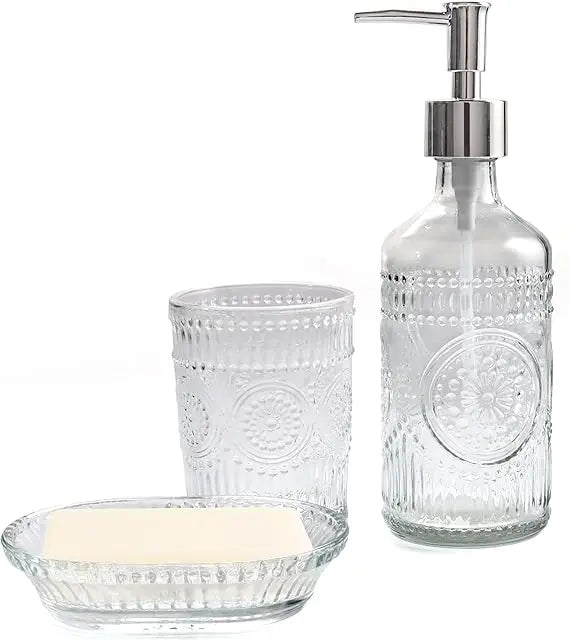 3pcs glass bathroom accessories set, lotion & soap dispenser, toothbrush holder, soap dish, modern bathroom countertop decor fo
