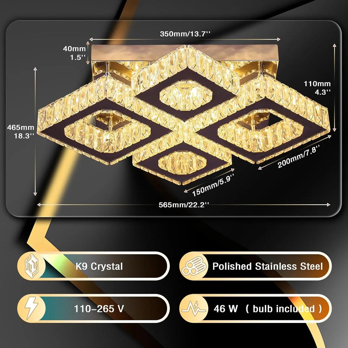 22" Crystal Chandelier Square Flush Mount Ceiling Light Modern LED 4 Lights Crystal Chandelier for Dining Room Bedroom Kitchen