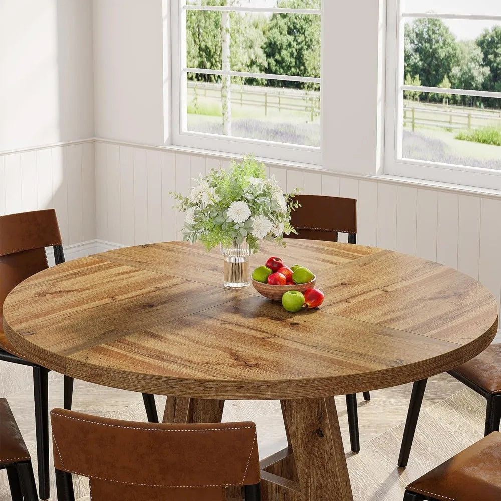 Wood Round Dining Table, Dinning Room Tables for 4 Adult, Farmhouse Dinner Tables with Wooden Tabletop and Cross Base, Table