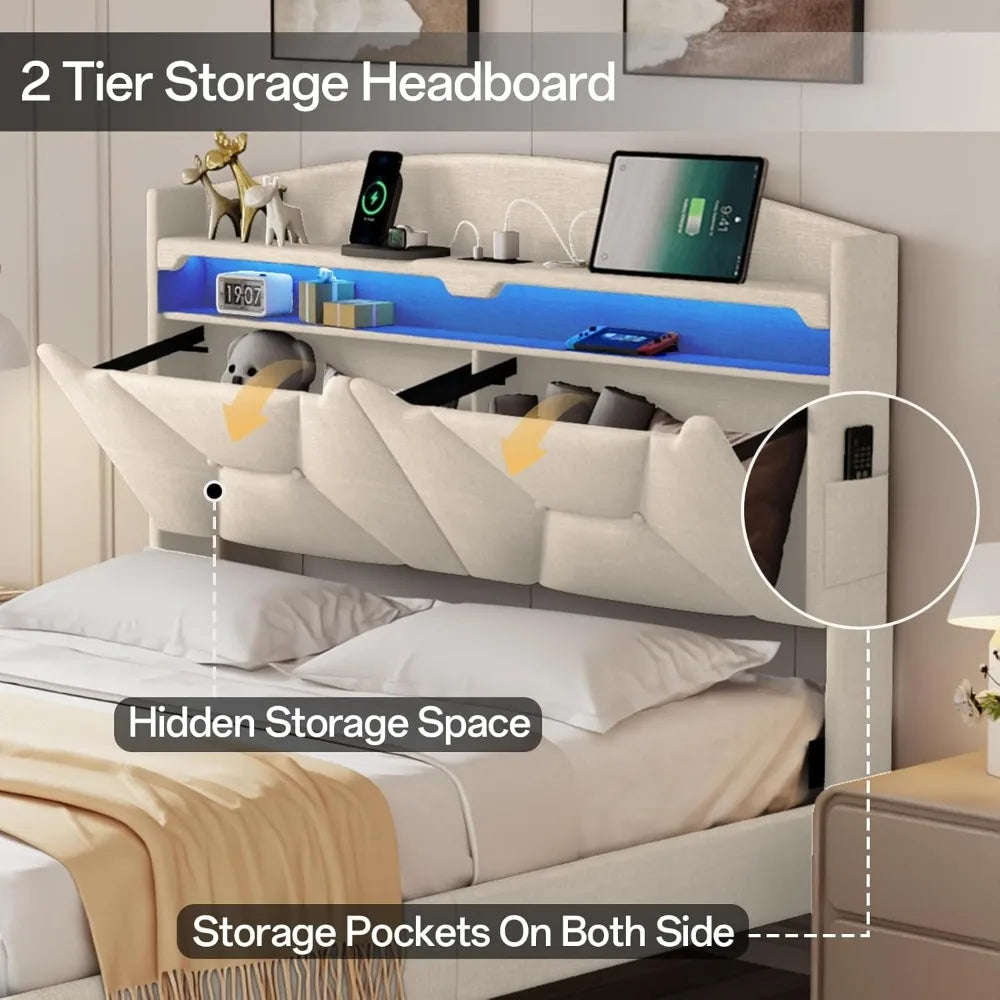 queen size bed frame with storage headboard, queen bed frame with 2 drawers, upholstered platform bed with charging station and