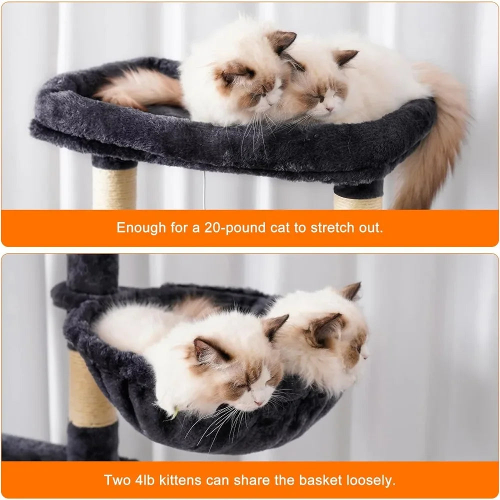 Cat Tree, 68 inch Multi-Level Cat Tower for Indoor Cats, 2 Widened Plush Perches Cat Condo with Scratching Board and Big Caves