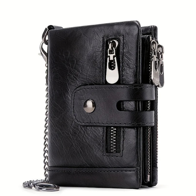 Chain Wallets for Men, Genuine Leather RFID Blocking Card Holder, Bifold Wallet With Double Zipper Coin Pocket