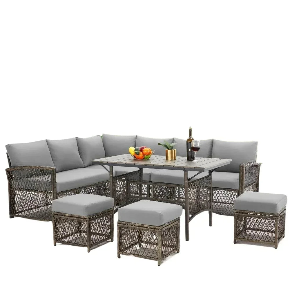 Patio Furniture Set, 7 Pieces Wicker Outdoor Sectional Sofa with High Table and Chairs,   Dining Set with Ottoman for Garden