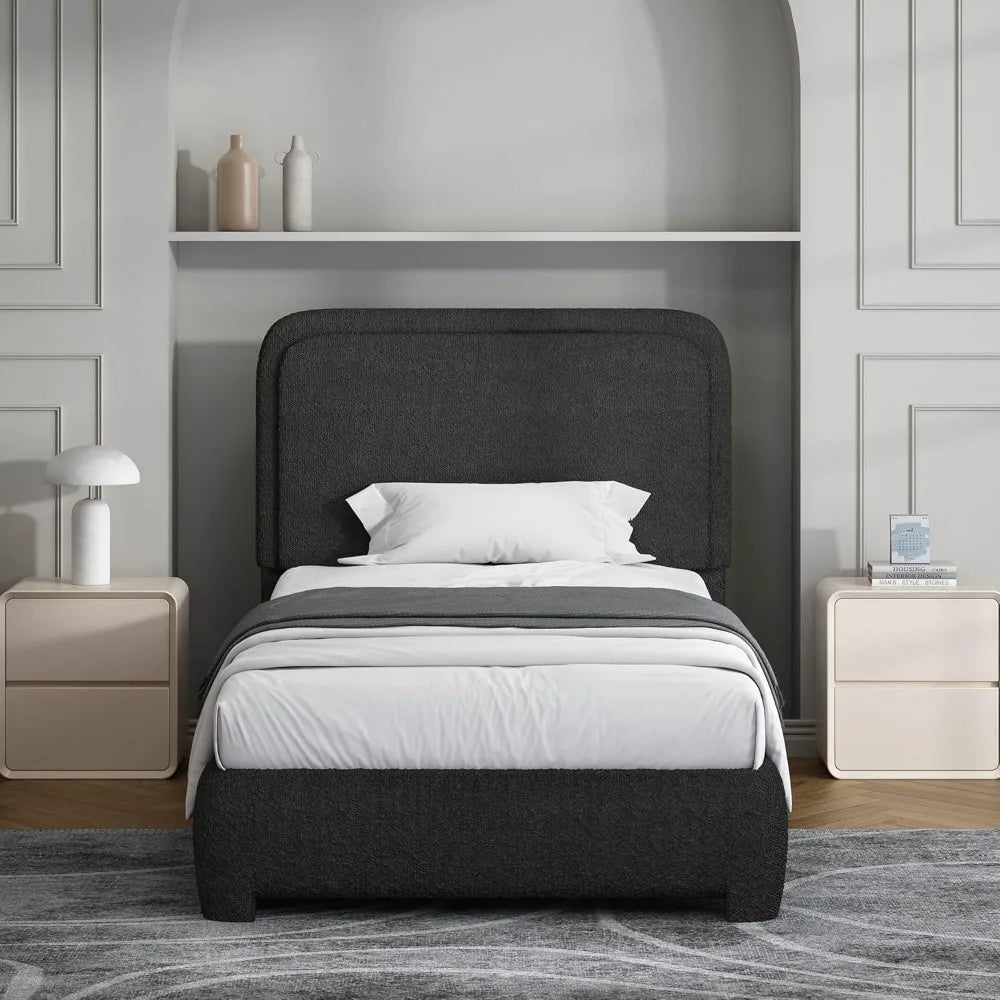 Twin Size Bed Frame, Boucle Upholstered Platform Bed with Headboard, Modern Style, Soft Rounded Corners, No Box Spring Required,