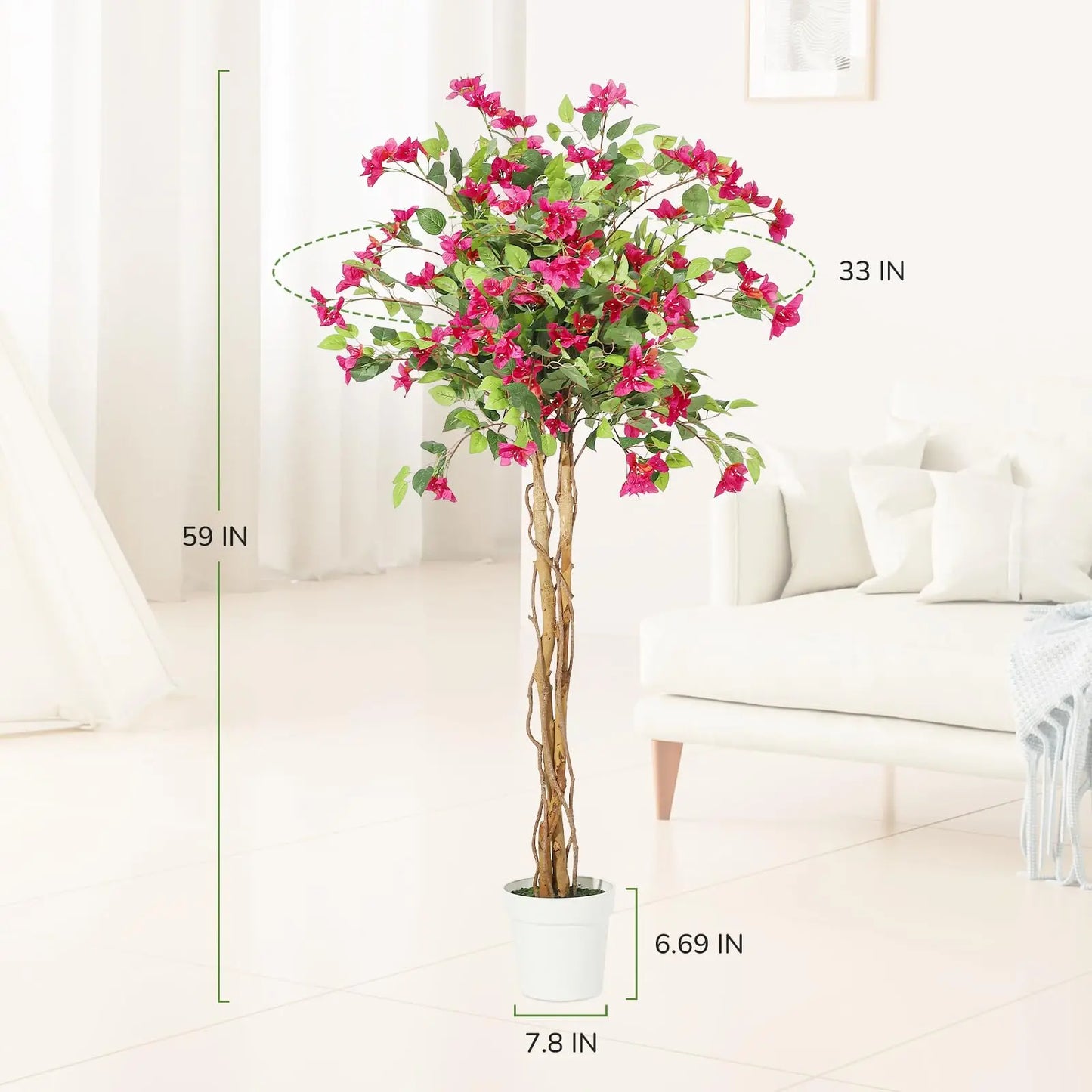 Artificial Bougainvillea Tree,Flower Trees Artificial Indoor,Fake Flower Tree with White Pot for Home Decoration, Artificial Flo