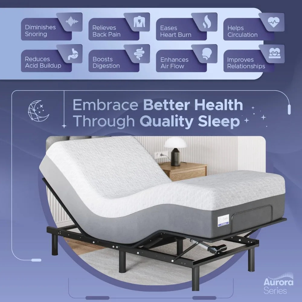 Adjustable Bed Base (Frame) + 8 inch Gel Memory Foam Mattress (Firm), Easy Assembly, Head and Foot Lift, Zero Gravity