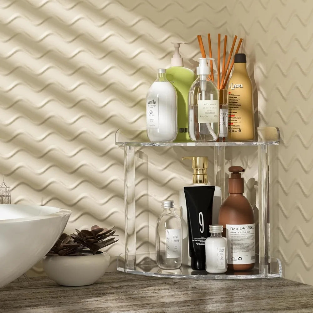 2 tier countertop corner organizer shelf 7x7x8 inch, acrylic bathroom organizer corner shelf for countertop, clear vanity storag