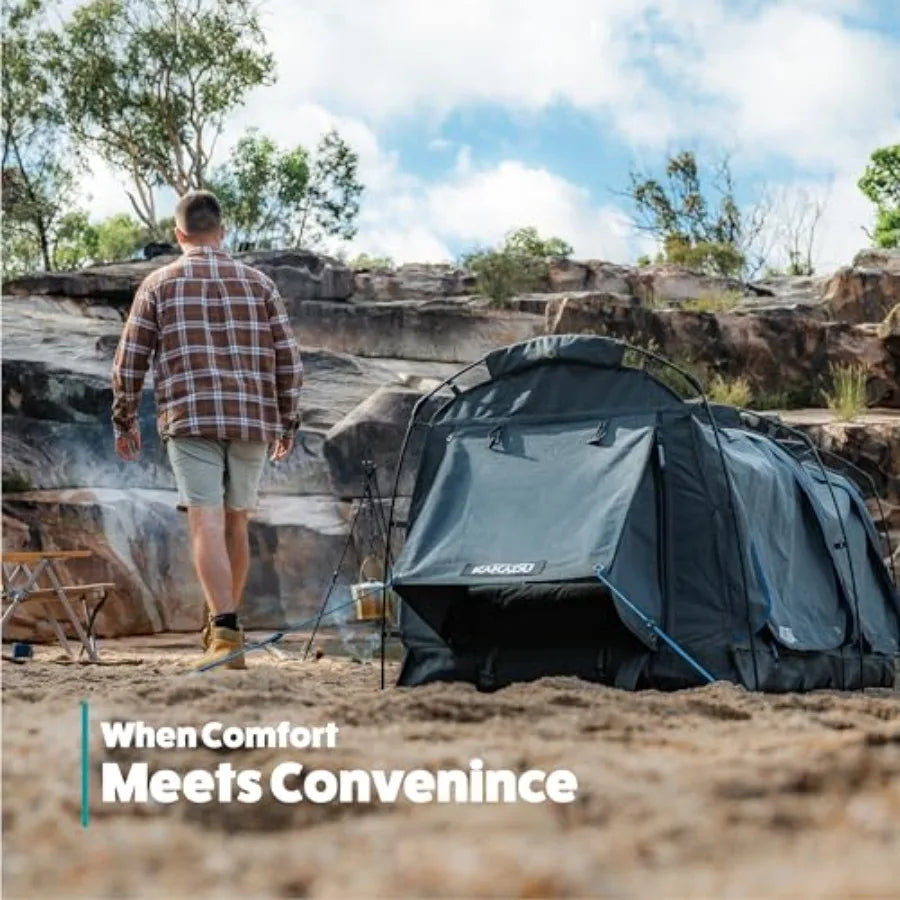 Canvas Swag Tent 1 Person Australian Polycotton Camping Ground Tent All Seasons Waterproof with 2.75 Foam Mattress LED L