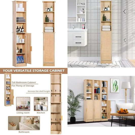 Freestanding Wooden Bathroom Storage Cabinet with Door and 6 Adjustable Shelves, Slim Design for Linen Organization