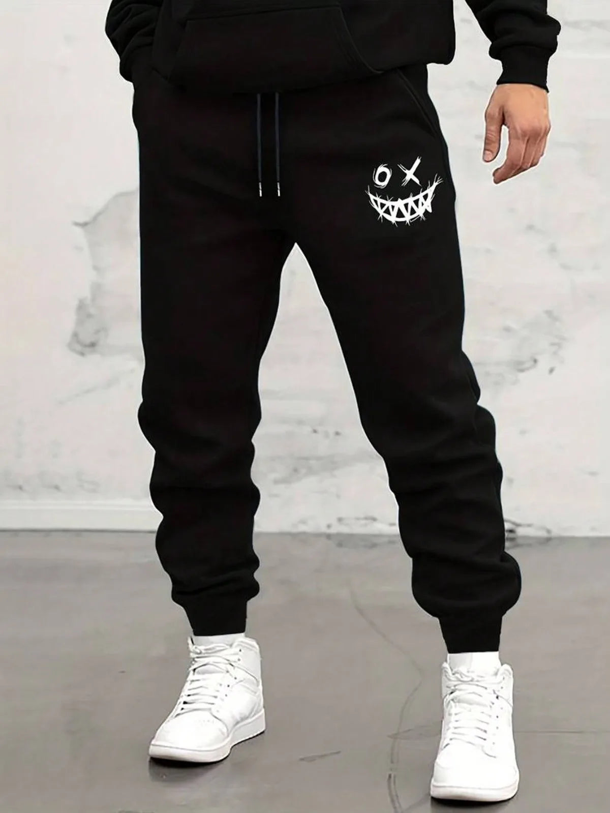 Men's Smiling Face Printed Drawstring Waist Pants for Rave Trendy Pattern Drawstring Sweatpants Casual Slightly Stretch Joggers