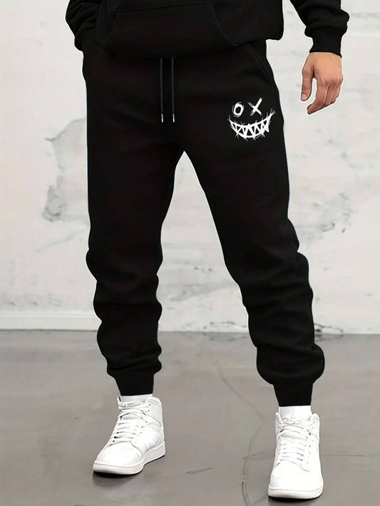 Men's Smiling Face Printed Drawstring Waist Pants for Rave Trendy Pattern Drawstring Sweatpants Casual Slightly Stretch Joggers