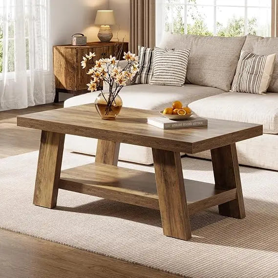 Rustic Rectangular Living Room Coffee Table, 47.24" Two-Level Wood Center Table