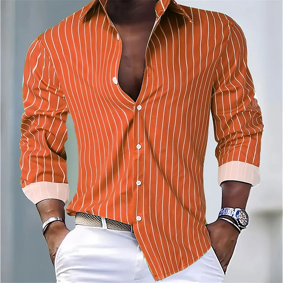 Men's Fashion Loose Striped Shirt 16 Colors Shirt Casual Breathable Lapel Button Long Sleeve Shirt Top Comfortable Soft Fabric