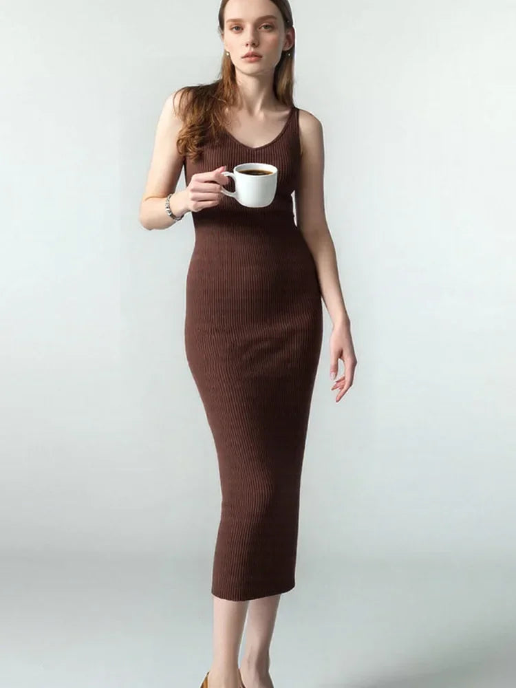 New Fashion Sleeveless Lady Elegant Office Knit Clothes Sexy Slip Dress for Women Autumn Spring Knitted Bottoming Long Dresses
