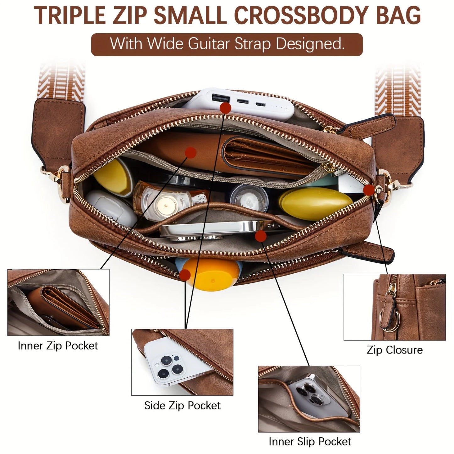 Stylish Crossbody Purse For Women - Retro Shoulder Bag With Wide Shoulder Strap and Triple Zip Cell Phone Handbag for Everyday U