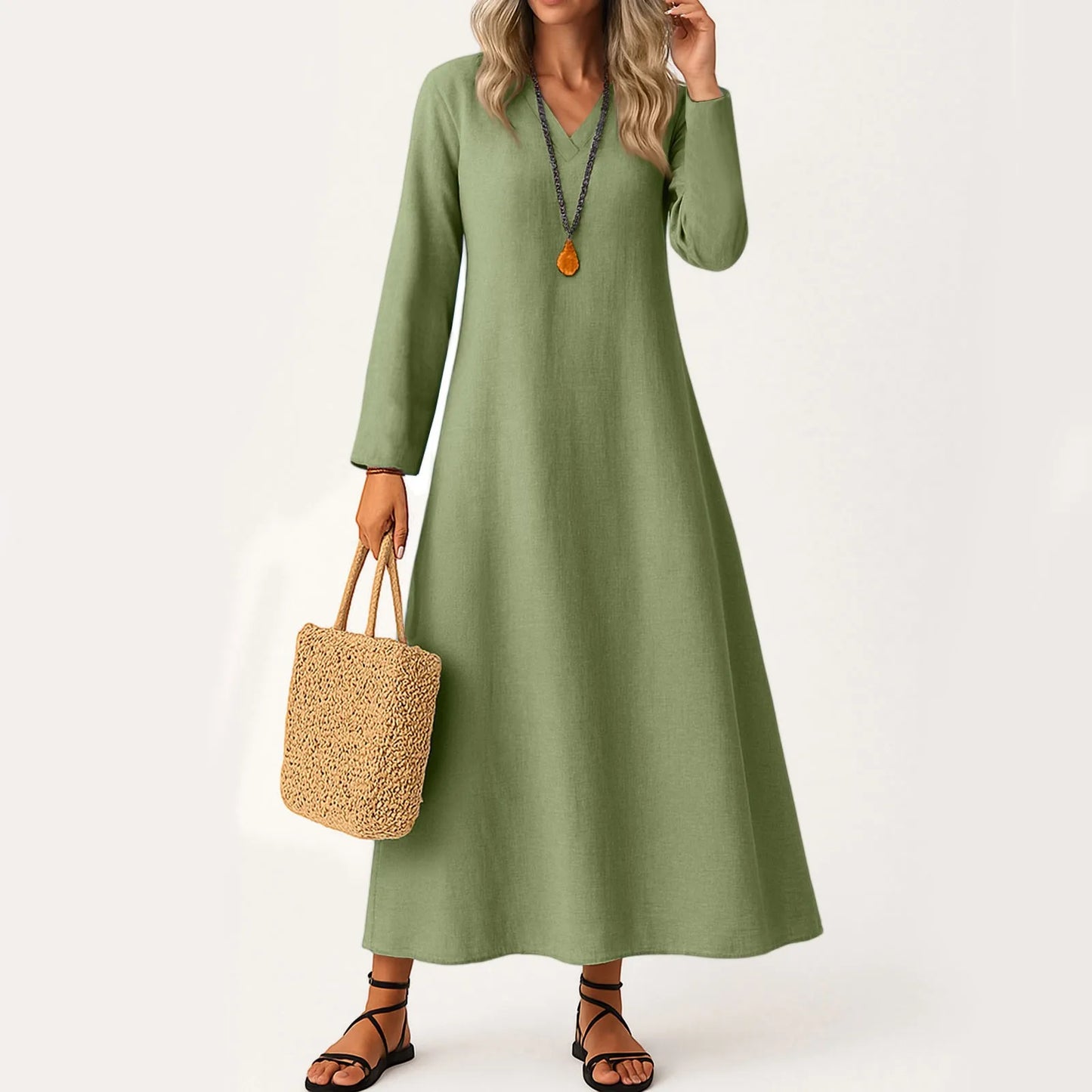Dress For Women Long Boho Beach Dress Elegant Maxi Dress V-Neck Long Sleeve Dress With Pockets Vestidos Para Mujer Female Dress
