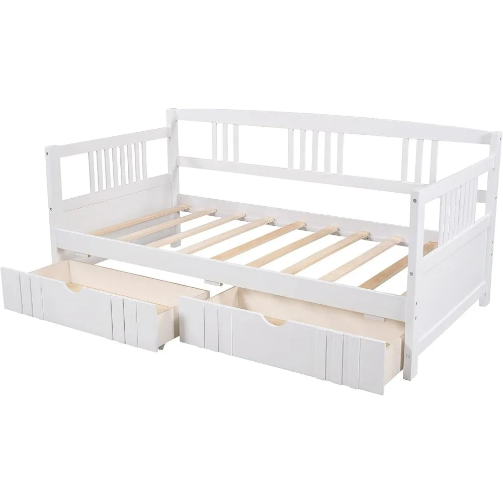 Daybed with Rails Twin Bed Wooden Slats Support Modern Living Daybed (Twin with Drawers, White)