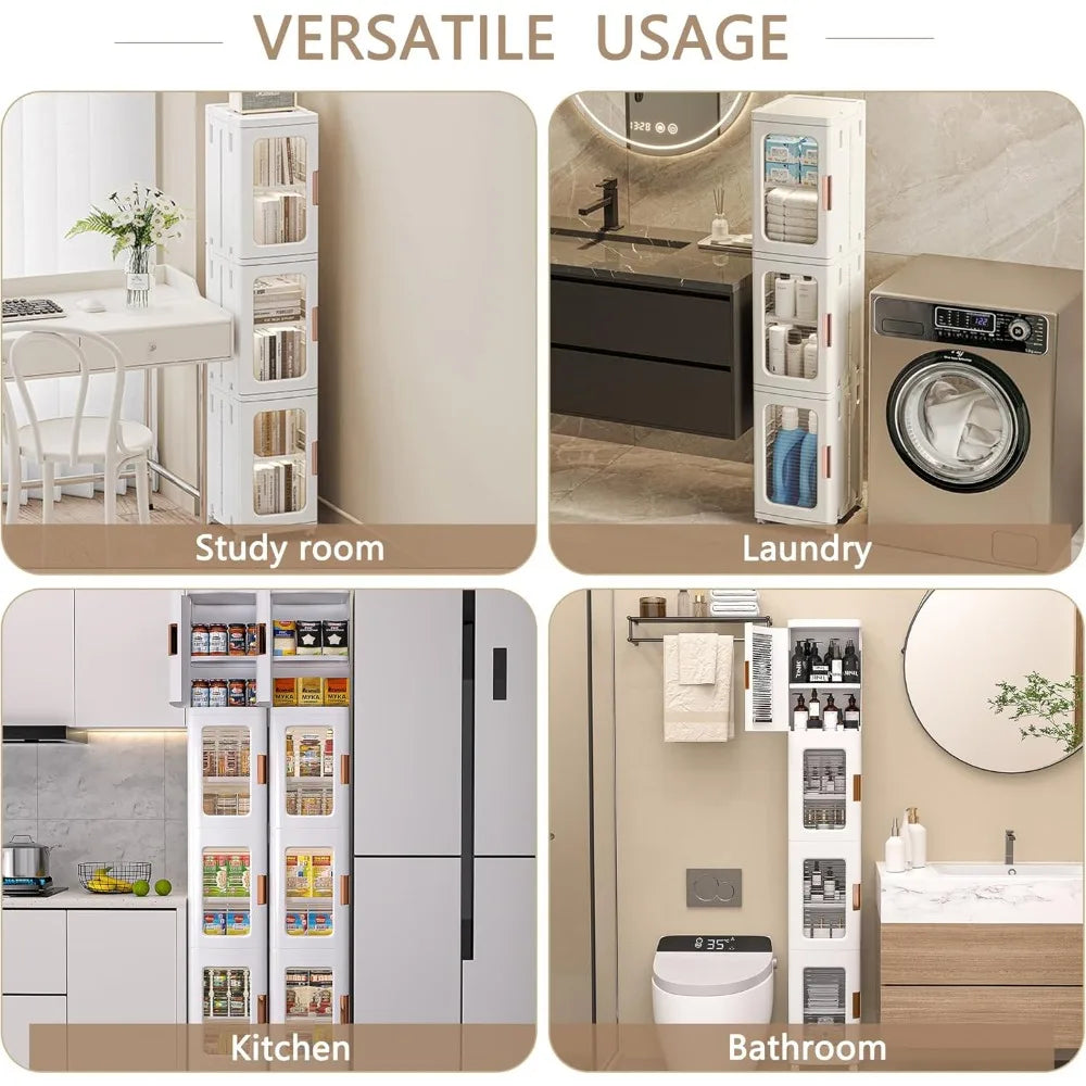 Multi-Tier Plastic Storage Cabinet with Adjustable Shelves, Mobile Wheels, and Magnetic Door Closure for Slim Bathroom Organizat