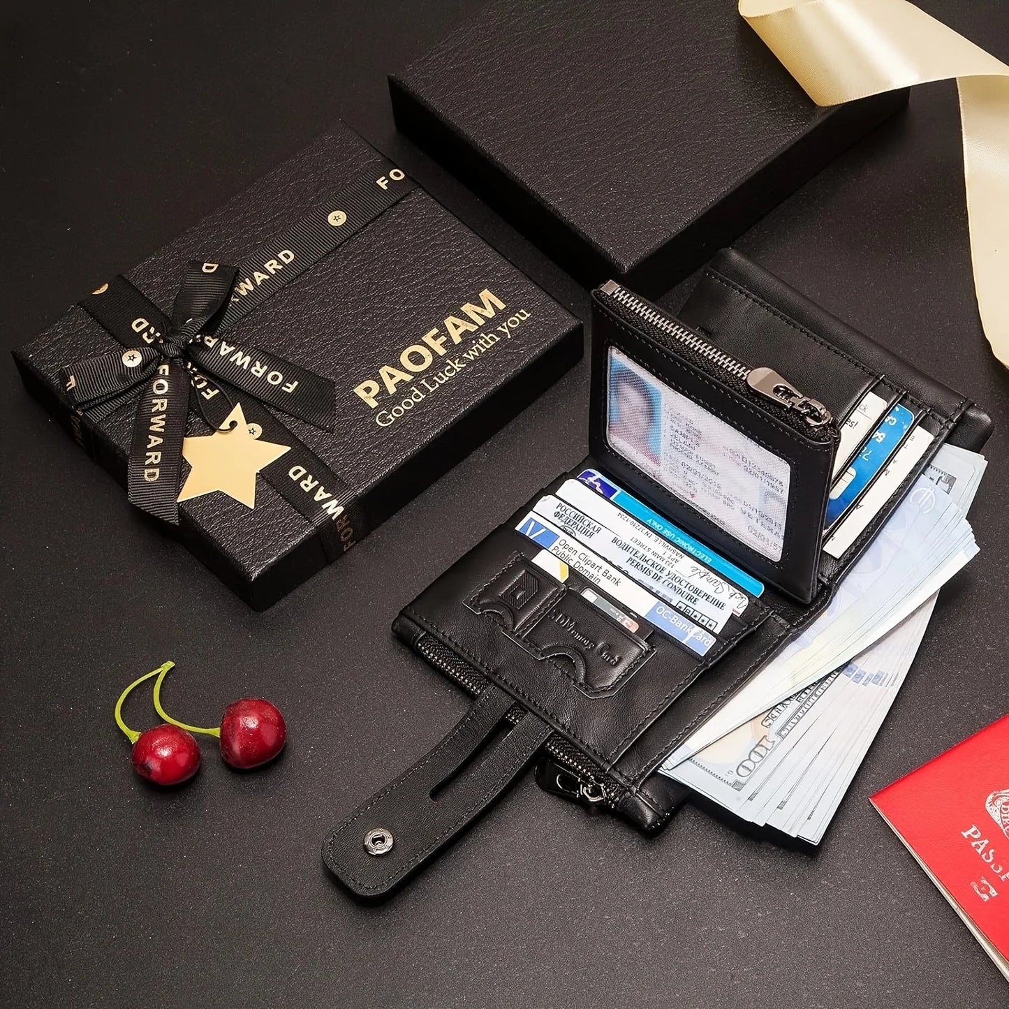 1pc Premium Top Layer Cowhide Leather Wallet - RFID Blocking, Bifold with Double Zipper Pockets & Anti-Theft Chain - Durable, St